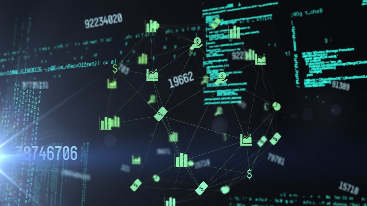 animación del procesamiento de datos a través de la red de conexiones con iconos