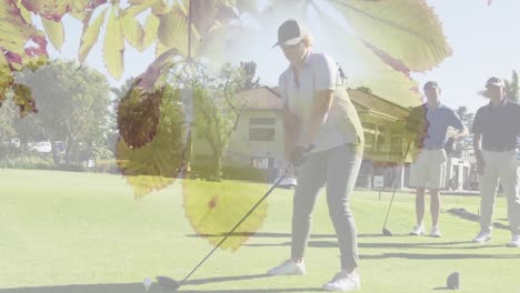 Animation-Von-Bäumen-über-Einem-älteren-Kaukasischen-Paar,-Das-Auf-Dem-Golfplatz-Golf-Spielt