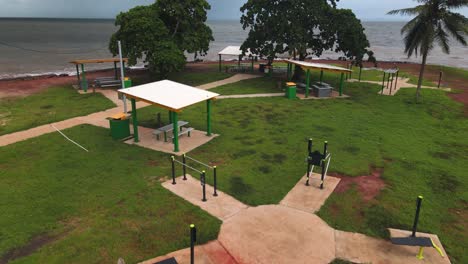 Aerial-view-of-prominent-beach-lookout-and-outdoor-workout-fitness-area-in-remote-Far-North-Australia