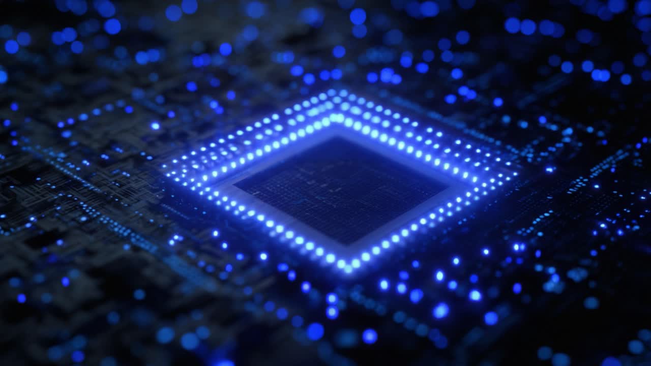 Digital motherboard with a glowing blue microchip at its center, processing data and sending signals through the complex circuitry, symbolizing advanced technology and artificial intelligence