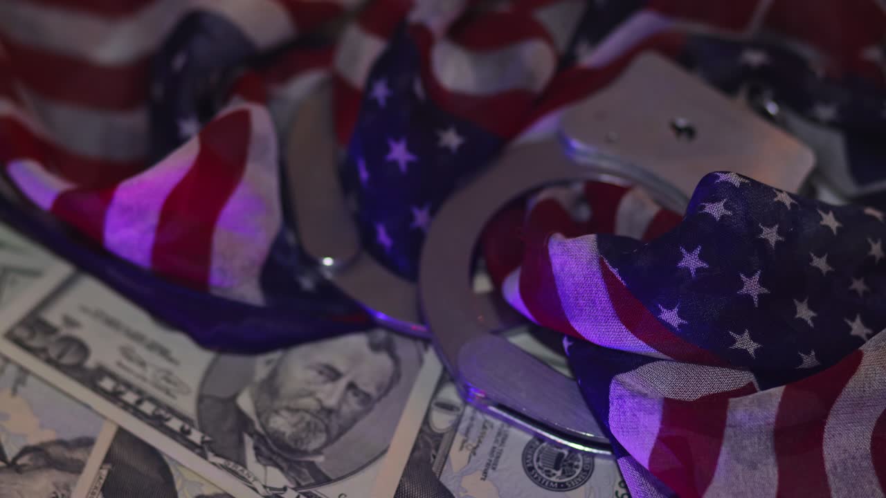 금융 분야의 법 위반, 부패, 불빛 박이는 경찰, 수갑, 미국 달러 지폐