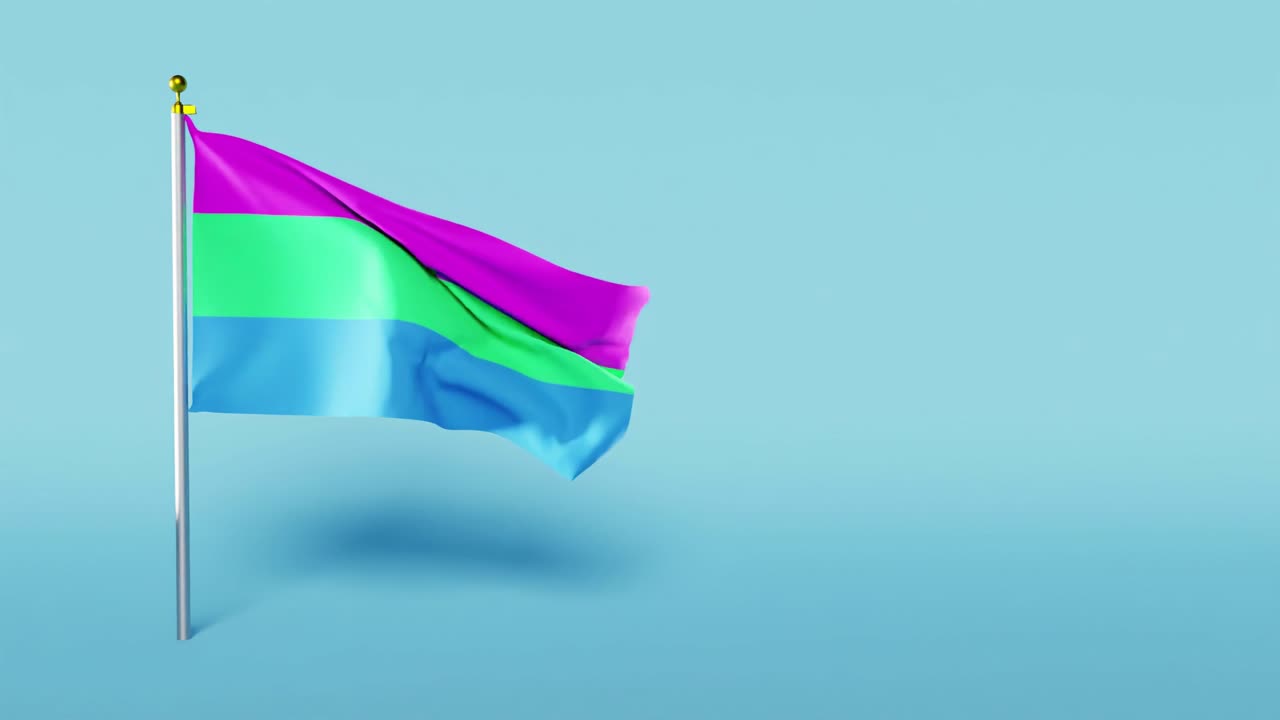 un video de la bandera del orgullo polisexual ondeando contra un fondo azul