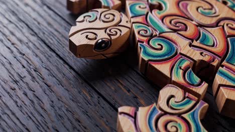 colorful wooden turtle puzzle resting on dark wood table, revealing intricate design and craftsmanship through carefully carved details and vibrant gradient patterns