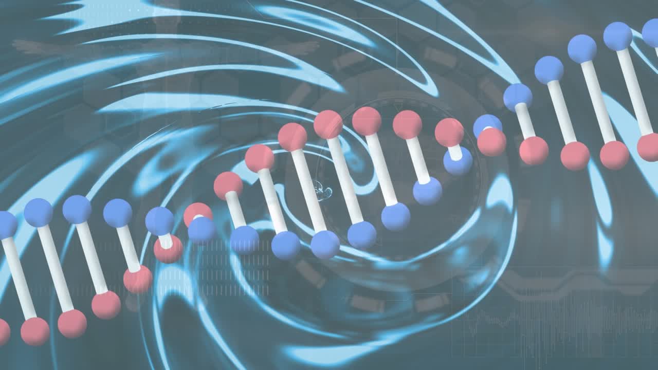 Animazione di DNA e dati diversi su uno sfondo ondulato.