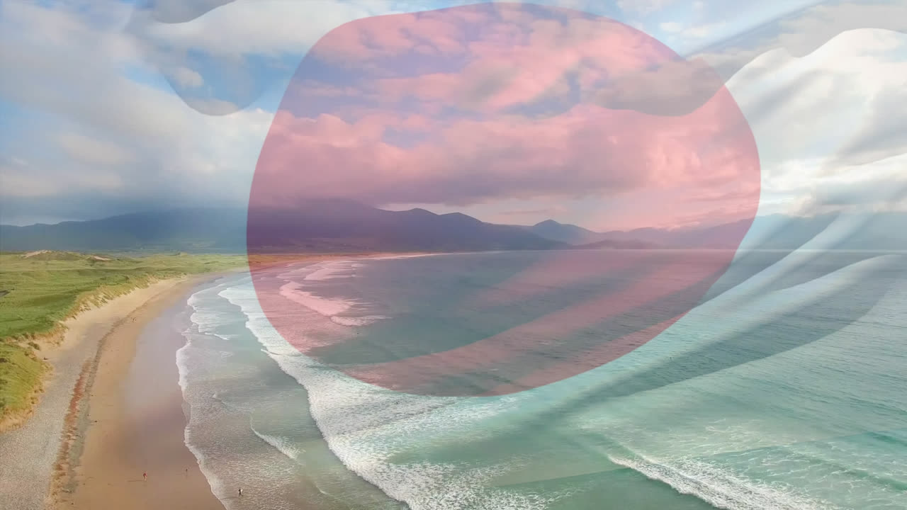 해변 풍경 위에서 날아다니는 일본 국기의 애니메이션