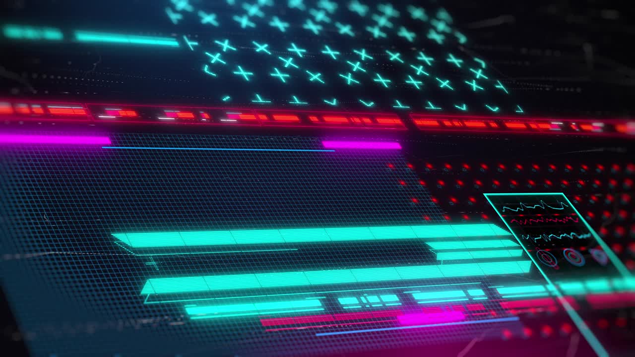 interfaz de pantalla de computadora de estilo retrowave. animación de bucle 3d de hud futurista.