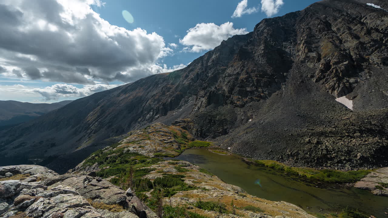 Timelapse of Clouds Moving Above Lake and Mountain Range in White River National Forest, Rocky Mountains, Colorado USA