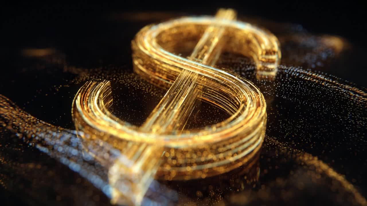 Luminous dollar symbol created from glowing golden light trails and shimmering particles on a dark background, representing digital currency, wealth, financial technology, and economic growth