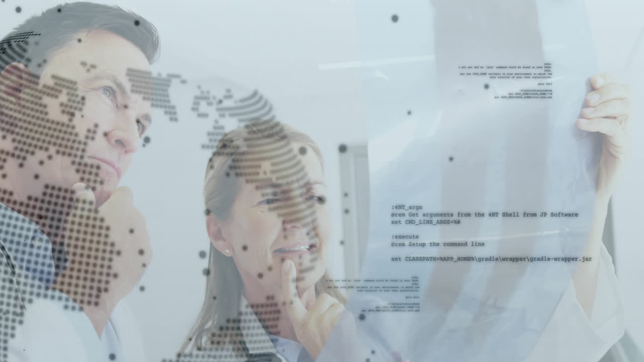 Examining X-ray with animation of digital world map, doctors in hospital