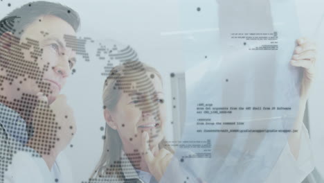 examining x-ray with animation of digital world map, doctors in hospital