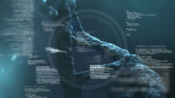Animation of data processing and dna strand over scope scanning