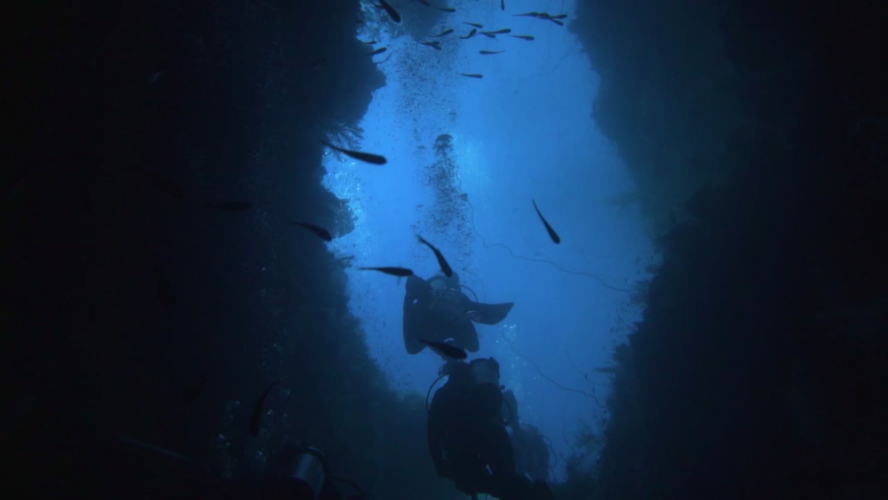 la cámara filma desde el interior de una cueva sumergida donde los buzos se sumergen.
