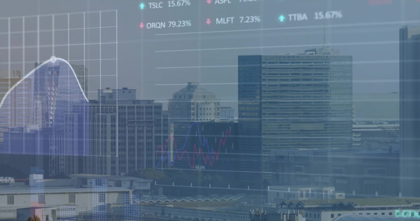 フラットデザインを用いた、スカイライン上に半透明の株価チャートを表示する超高層ビル群。