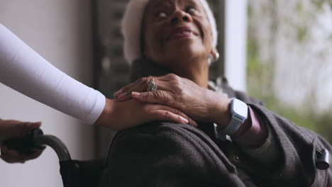 Hands, nurse and old woman in wheelchair