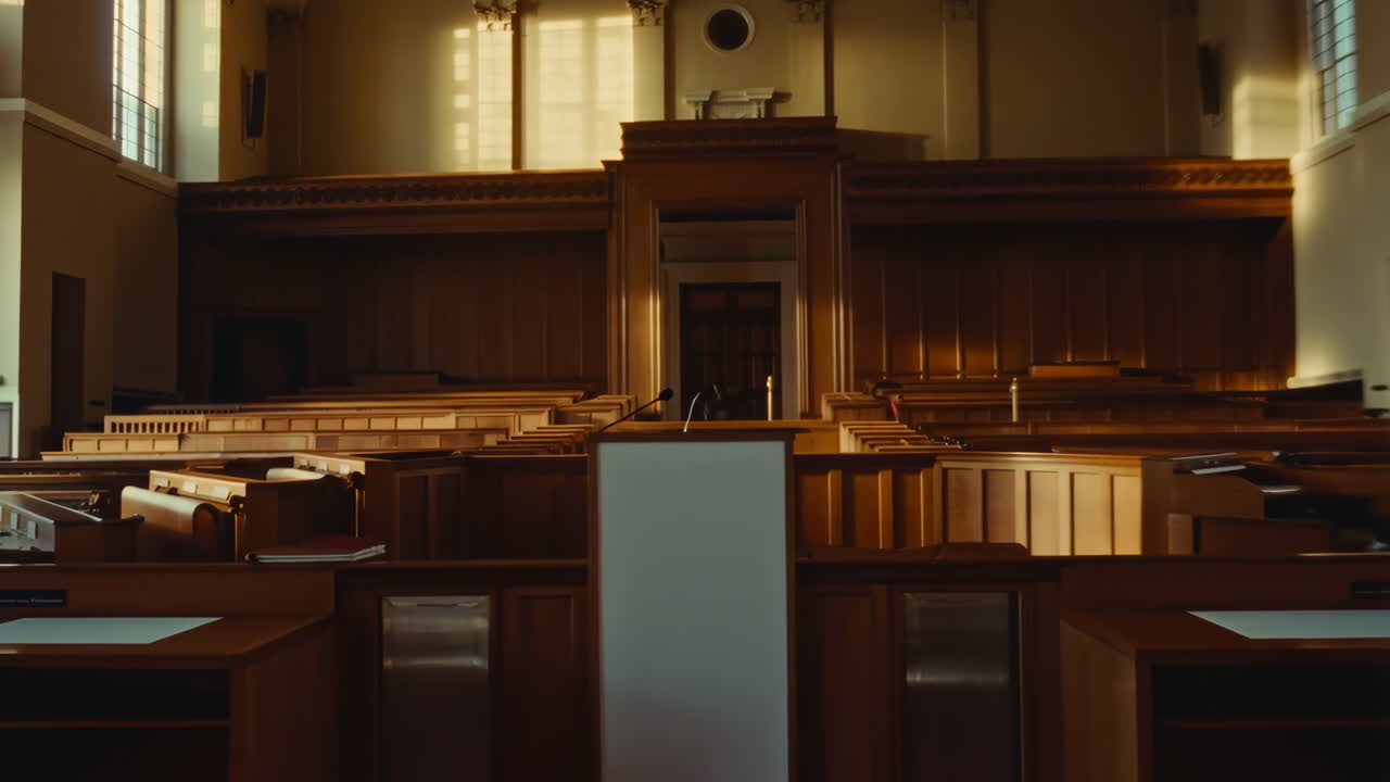 Empty Courtroom or Lecture Hall with Sunlight Streaming Through Windows