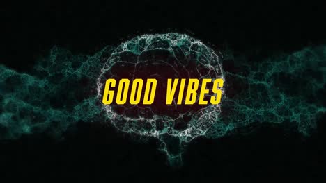 Animation-of-good-vibes-text-over-digital-brain-on-black-background