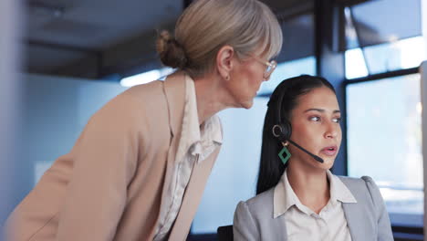 call center, manager and employee with customer