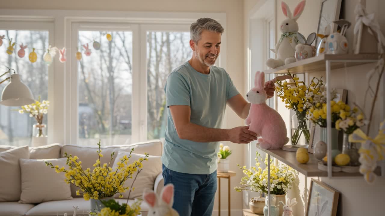 Una gioiosa scena primaverile domestica con un uomo che sistema coniglietti decorativi e fiori in un ambiente soggiorno caldo e luminoso