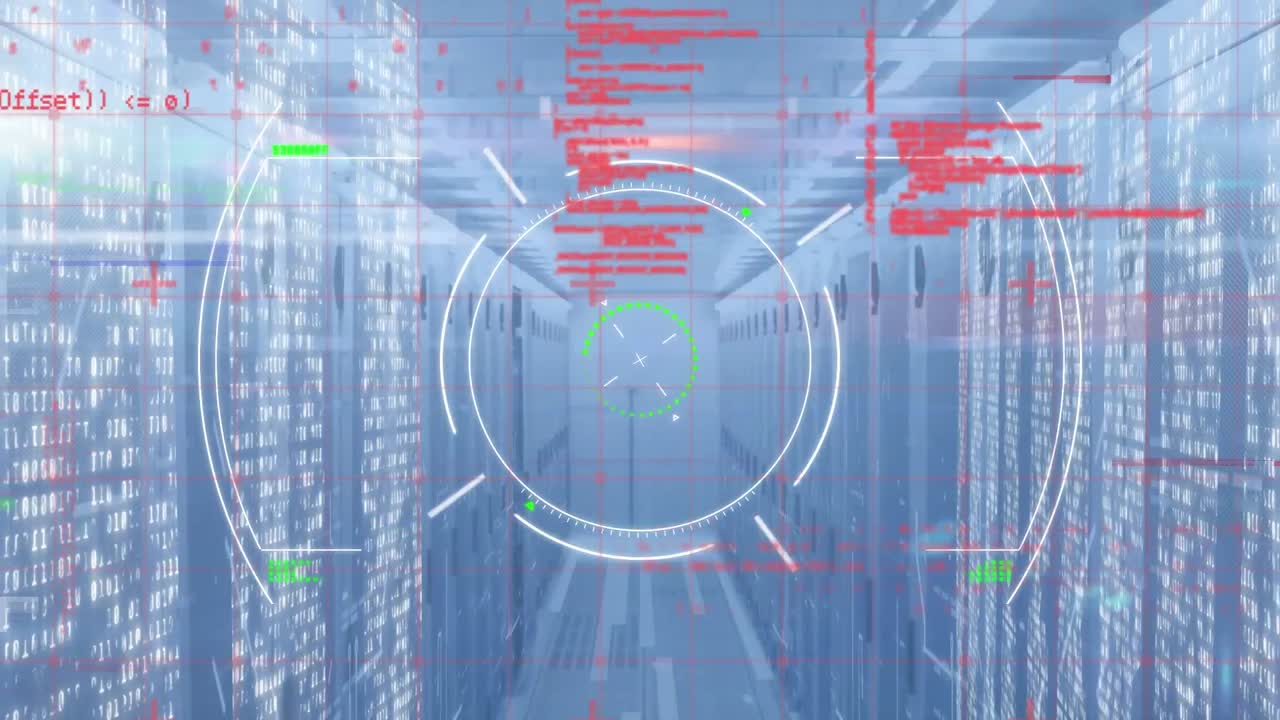 animación del procesamiento de datos y el escaneo de alcance sobre la sala de servidores