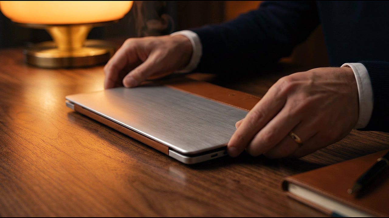 Professional shutting down slim laptop computer on wooden office desk beside coffee cup and notebook