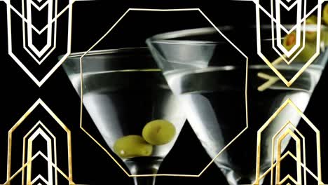 Animation-of-pattern-moving-over-cocktail-glasses-of-wine-and-olives-on-black-background