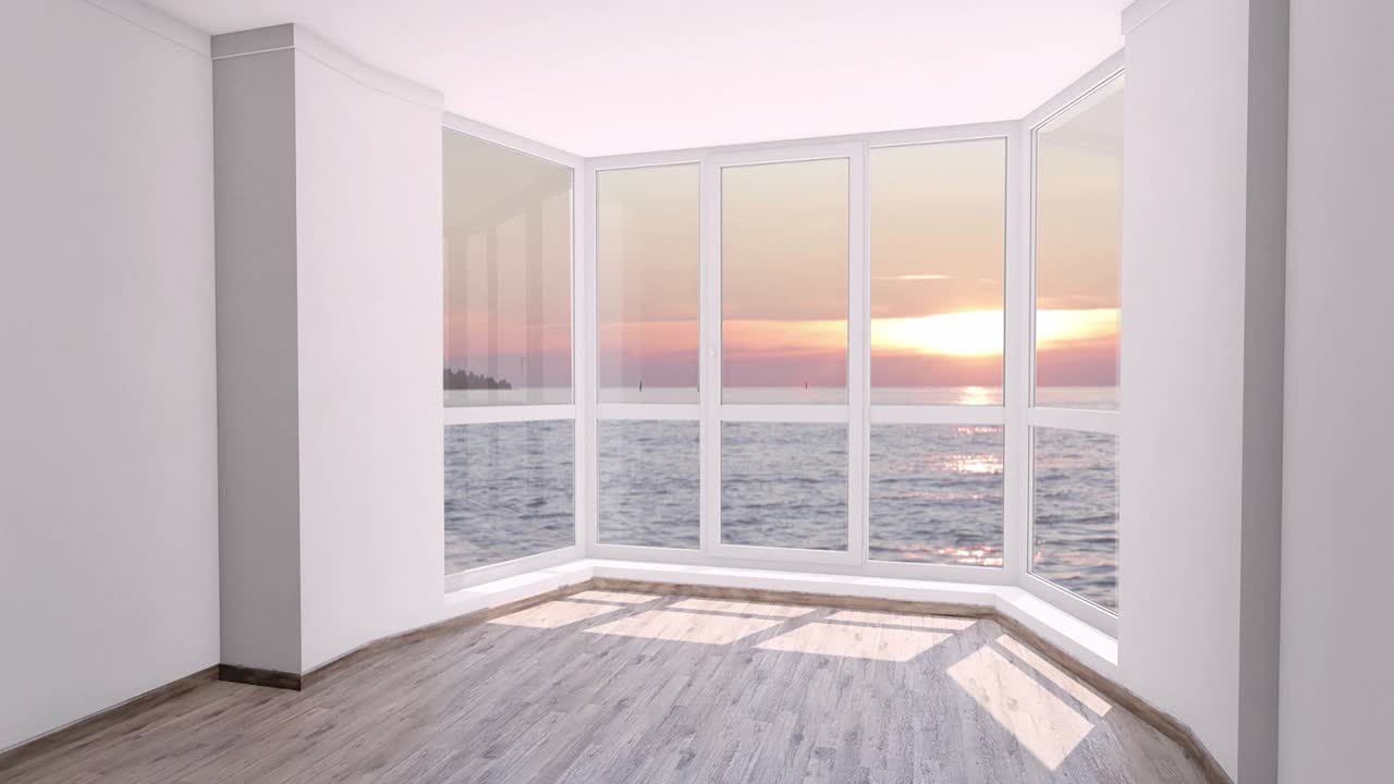 una habitación vacía con una gran ventana y una puesta de sol tranquila sobre el océano afuera. placa de fondo, clave de croma fondo de video