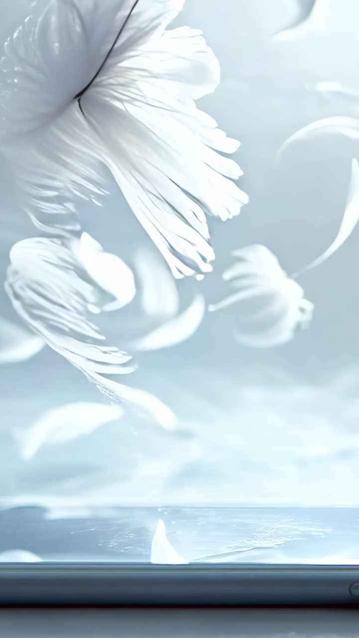 A white phone with a pile of white feathers surrounding it. The feathers are scattered all over the phone, creating a sense of chaos and disarray. The scene evokes a feeling of messiness and disorder