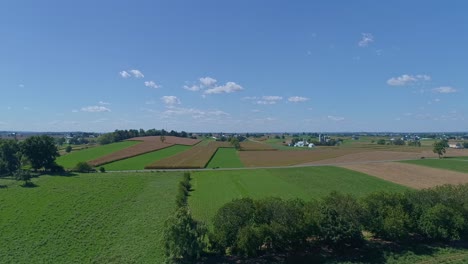 an aerial view of corn and alfalfa fields with a amish horse and buggy traveling on a country road on a fall day