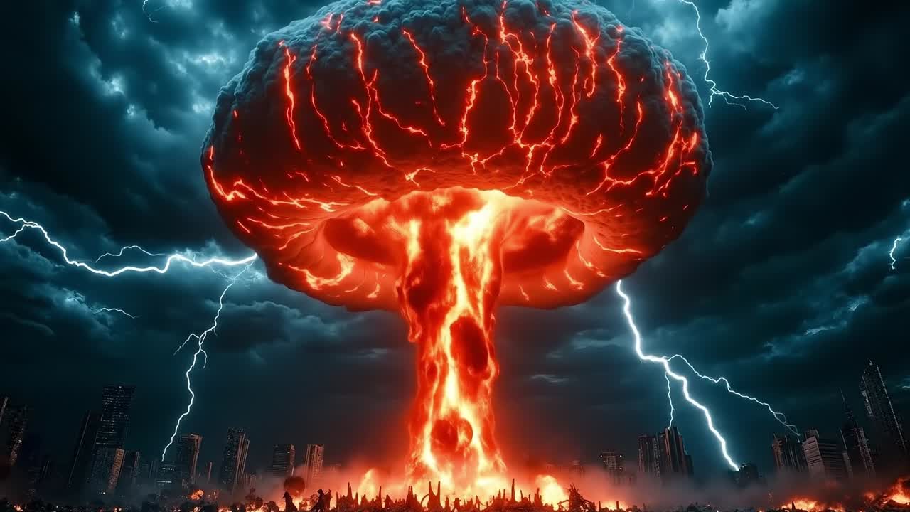 A nuclear explosion in the middle of a city with lightning coming out of it