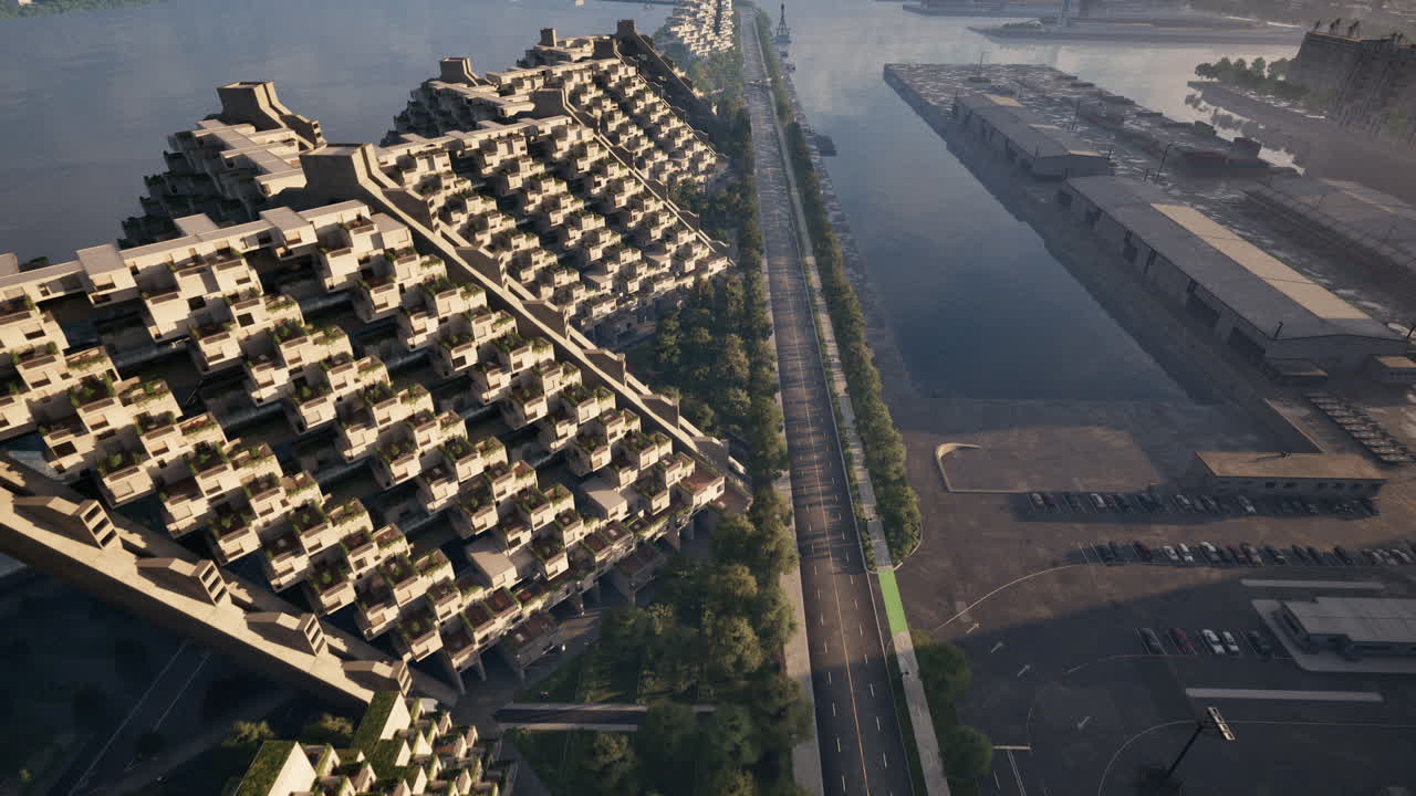 기하학적 건물 을 가진 미래 의 도시 의 공중 사진