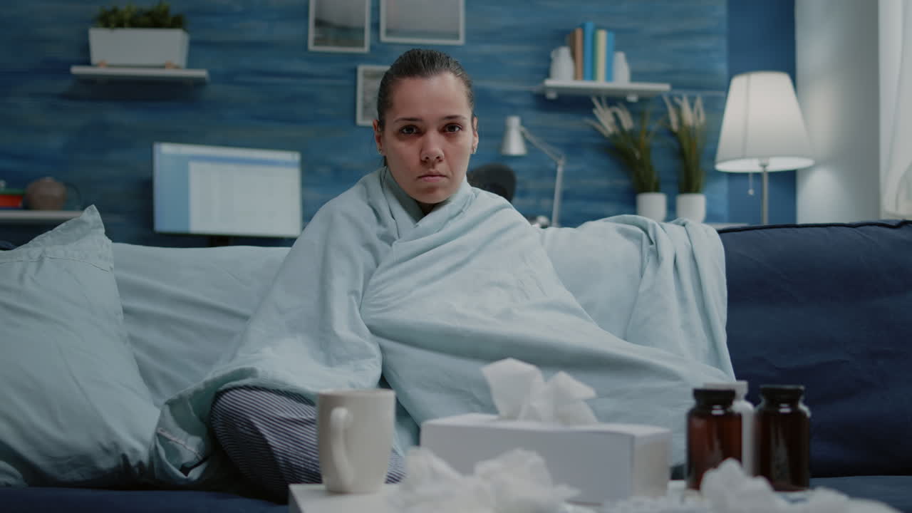 Woman with virus infection sitting in blanket looking at camera