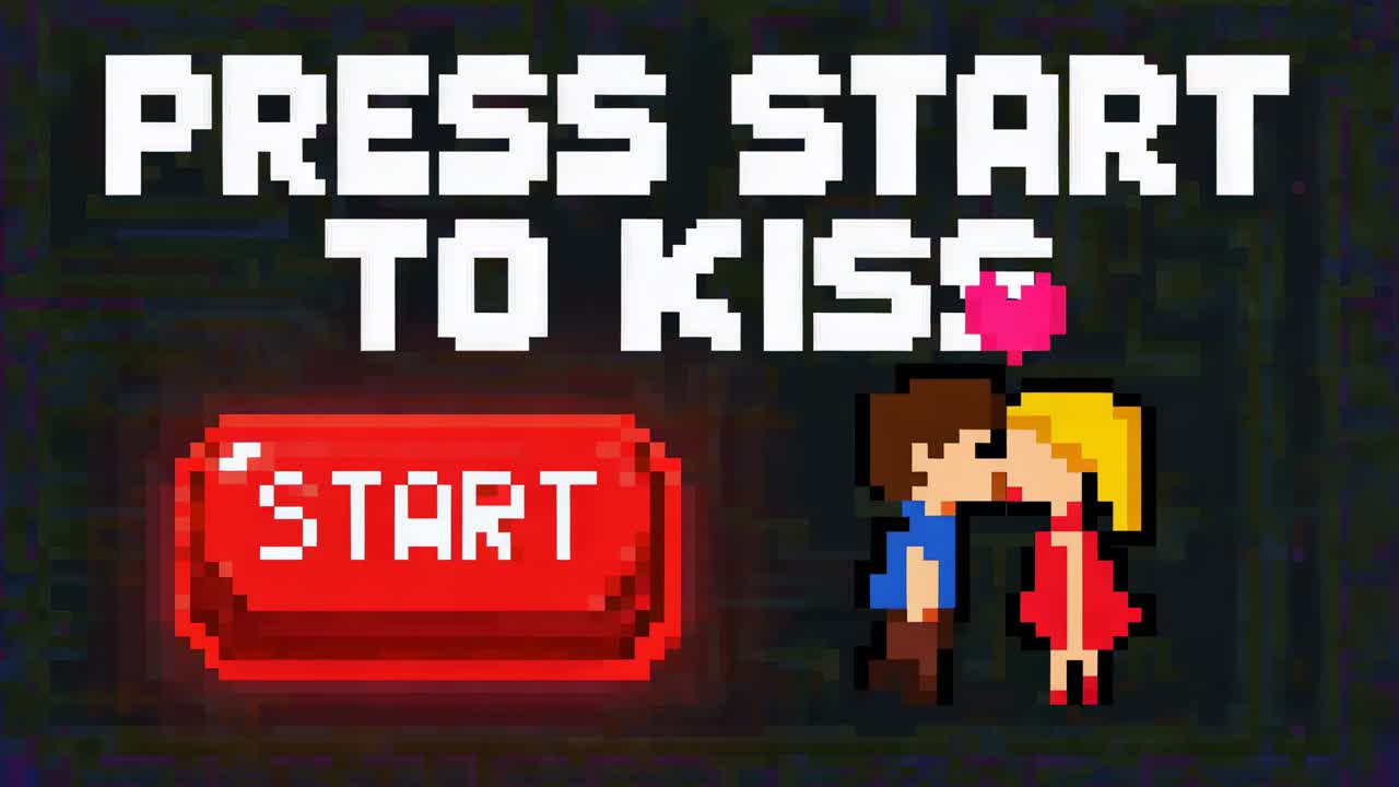 Premendo START, coppia di pixel che si china, si bacia, si separa nel menu retro, cuore rosa, spazio per la copia