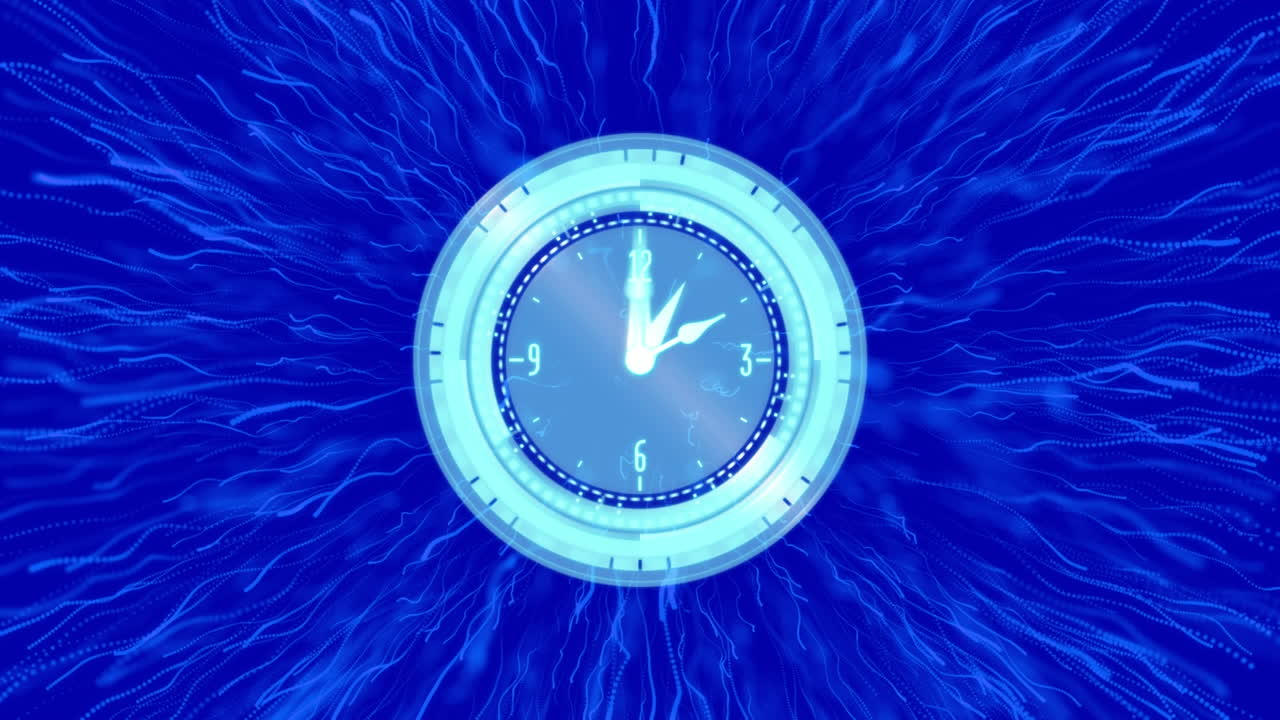 animación de un reloj en movimiento sobre rastros de luz sobre fondo azul