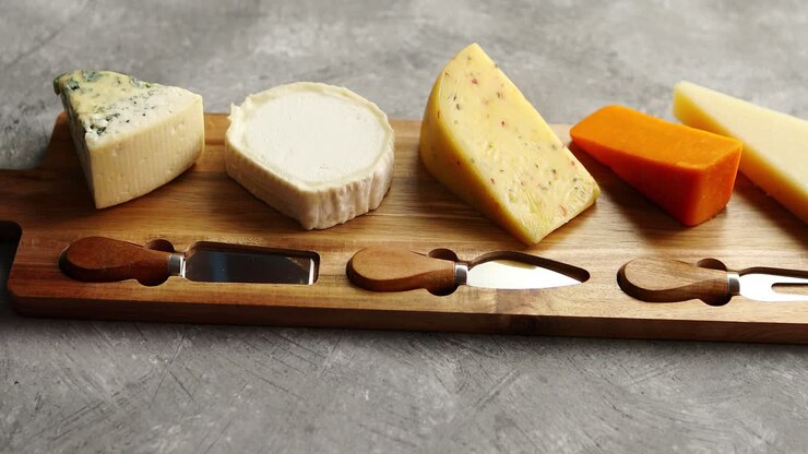 Assortment of various kinds of cheeses served on wooden board with fork and knives