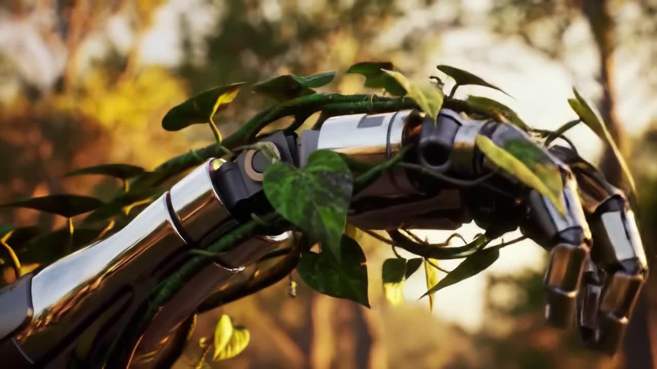 A Cutting-Edge Robotic Hand Entwined with Lush Green Vines, Symbolizing the Harmonious Union of Technology and Nature Under the Glowing Sunlight