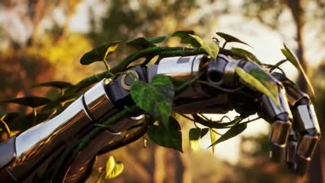 a cutting-edge robotic hand entwined with lush green vines, symbolizing the harmonious union of technology and nature under the glowing sunlight