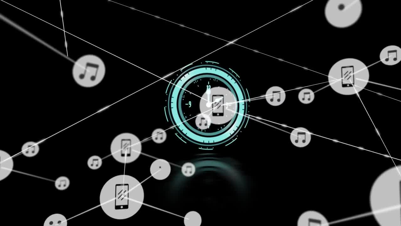 animación de una red de iconos digitales sobre un reloj de neón contra un fondo negro
