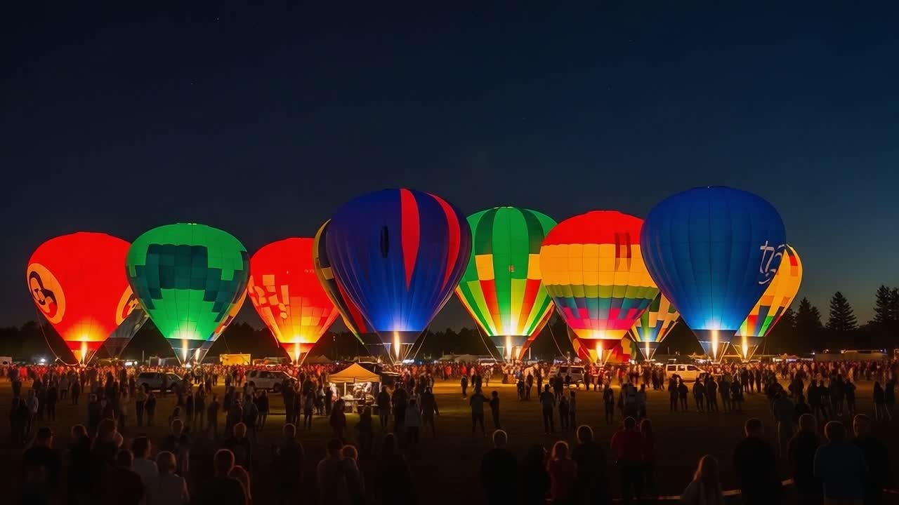Una impresionante exhibición de globos aerostáticos iluminados por la noche que cautiva a la multitud con diseños coloridos y luces brillantes en una atmósfera vibrante
