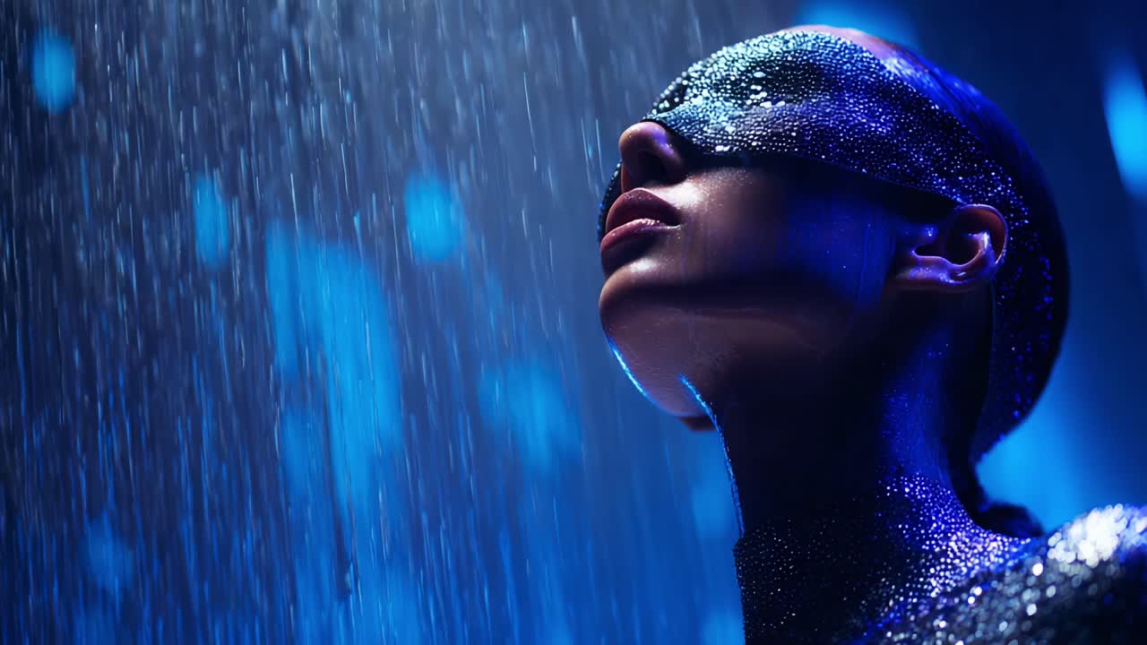 魅惑的な女性が、漆黒に輝く衣装を身にまとい、滝のように降り注ぐ雨の霧の中から現れます。ベールが彼女の目を覆い隠し、神秘的で優雅な雰囲気を醸し出しています。