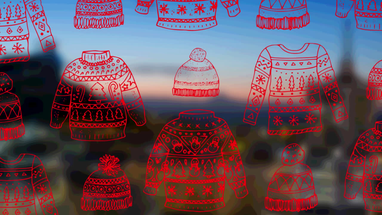 도시 풍경 배경 에 있는 크리스마스 스웨터셔츠 와 모자 의 애니메이션