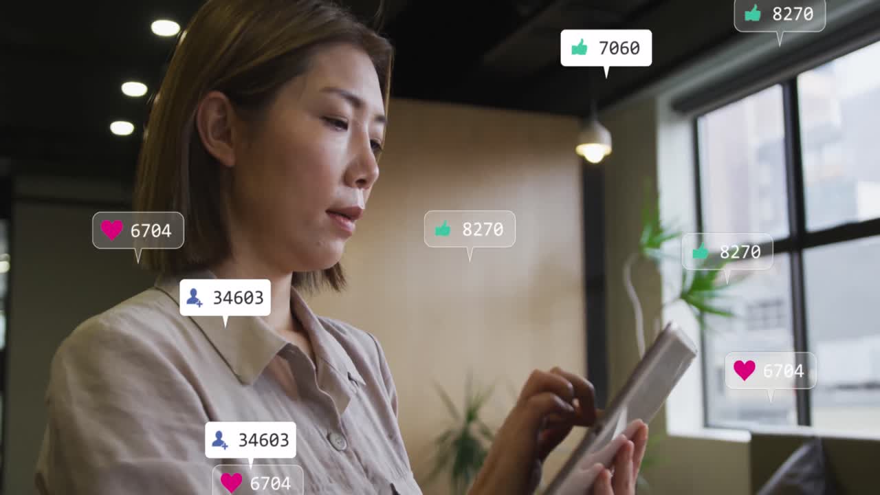 Animation of network of connections with icons over caucasian businessman using smartphone