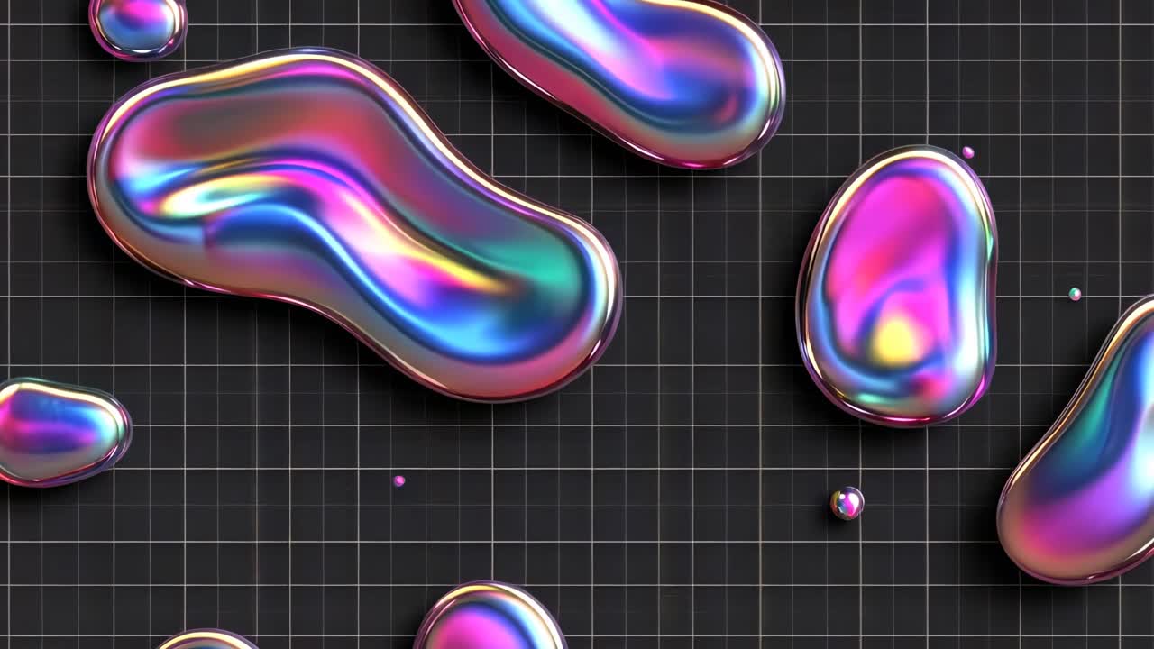 Top-down view of iridescent liquid blobs on a grid background, creating a futuristic and abstract