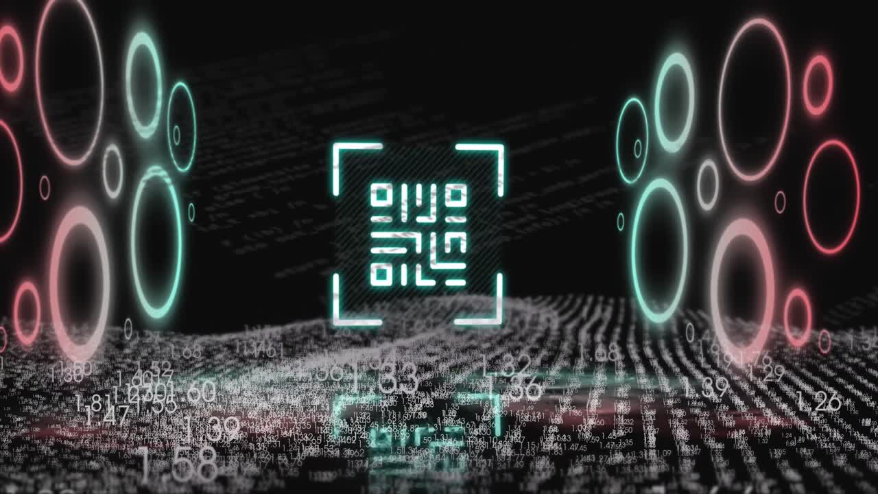 숫자, 파동 패턴, 프로그래밍 언어와 함께 조명된 원을 가진 qr 코드의 애니메이션.