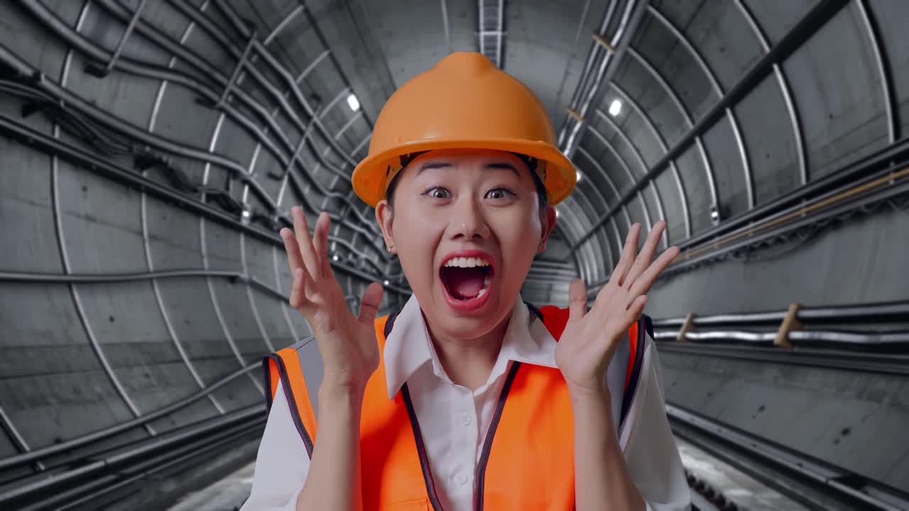 Surprised Construction Worker in Tunnel
