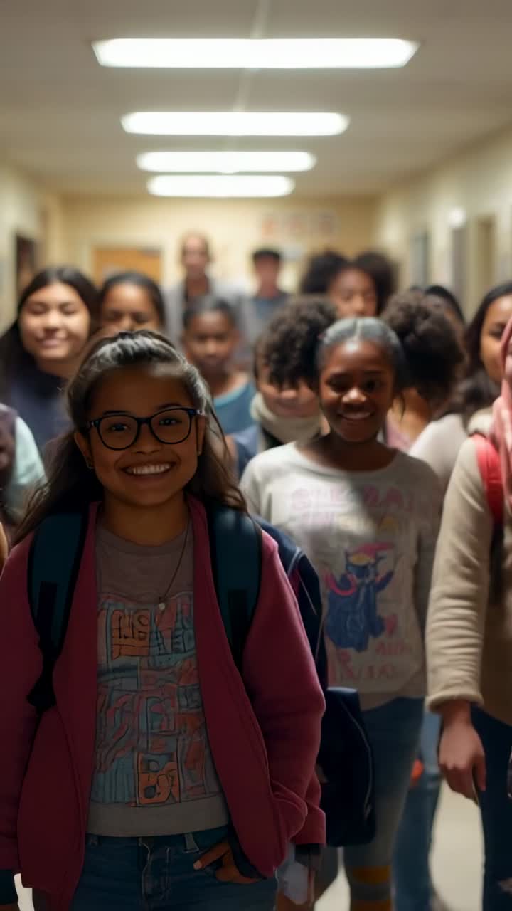 Vertical video: Bell ringing pink-jacketed student leading peers in school hallway, with backpacks