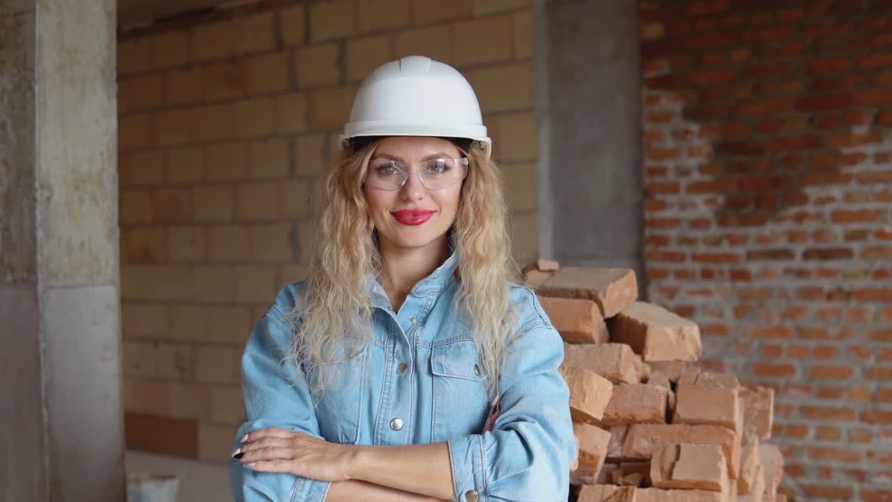 una mujer joven con un casco de trabajo y ropa de vaqueros y gafas de protección se encuentra en el sitio de construcción. seguimiento del cumplimiento de los requisitos técnicos en la construcción