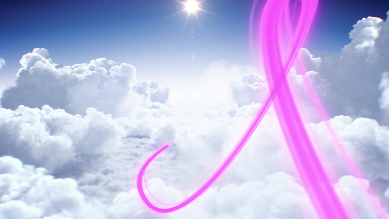 구름을 가로질러 태양으로 가는 디지털 추상적인 스트림의 아름다운 비행: 하늘에서 흐르는 미래의 데이터 트레일의 루프 3d 애니메이션