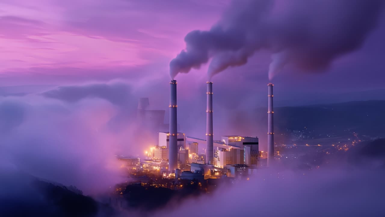 Centrale elettrica industriale al tramonto: una vista maestosa di ciminiere e misteriose nuvole viola illuminate dalle luci della città sullo sfondo