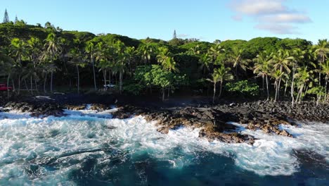 Vista-Giratoria-De-Una-Playa-De-La-Isla-De-Hawaii-Y-Olas-Con-Algunos-Autos-En-La-única-Carretera-Apenas-Visible-Entre-Los-árboles.