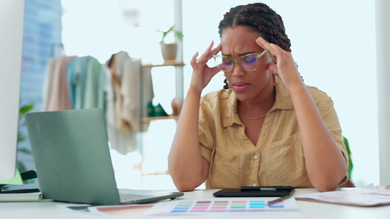 Black woman, headache and stress in burnout